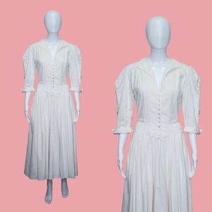 1970s-1980s DROP WAIST Button Up Fit and Flare 3/4 Sleeve Dress W/Pockets. S-M